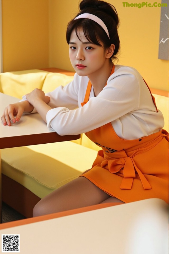 A woman sitting at a table in an orange apron.