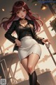 A woman in a black jacket and white skirt holding a sword.